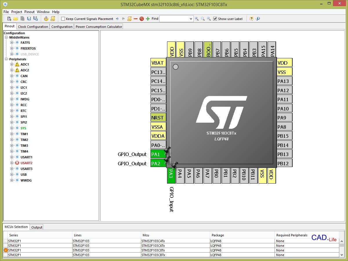 Рис.4. Настройка входов и выходов микроконтроллера STM32 в CubeMX