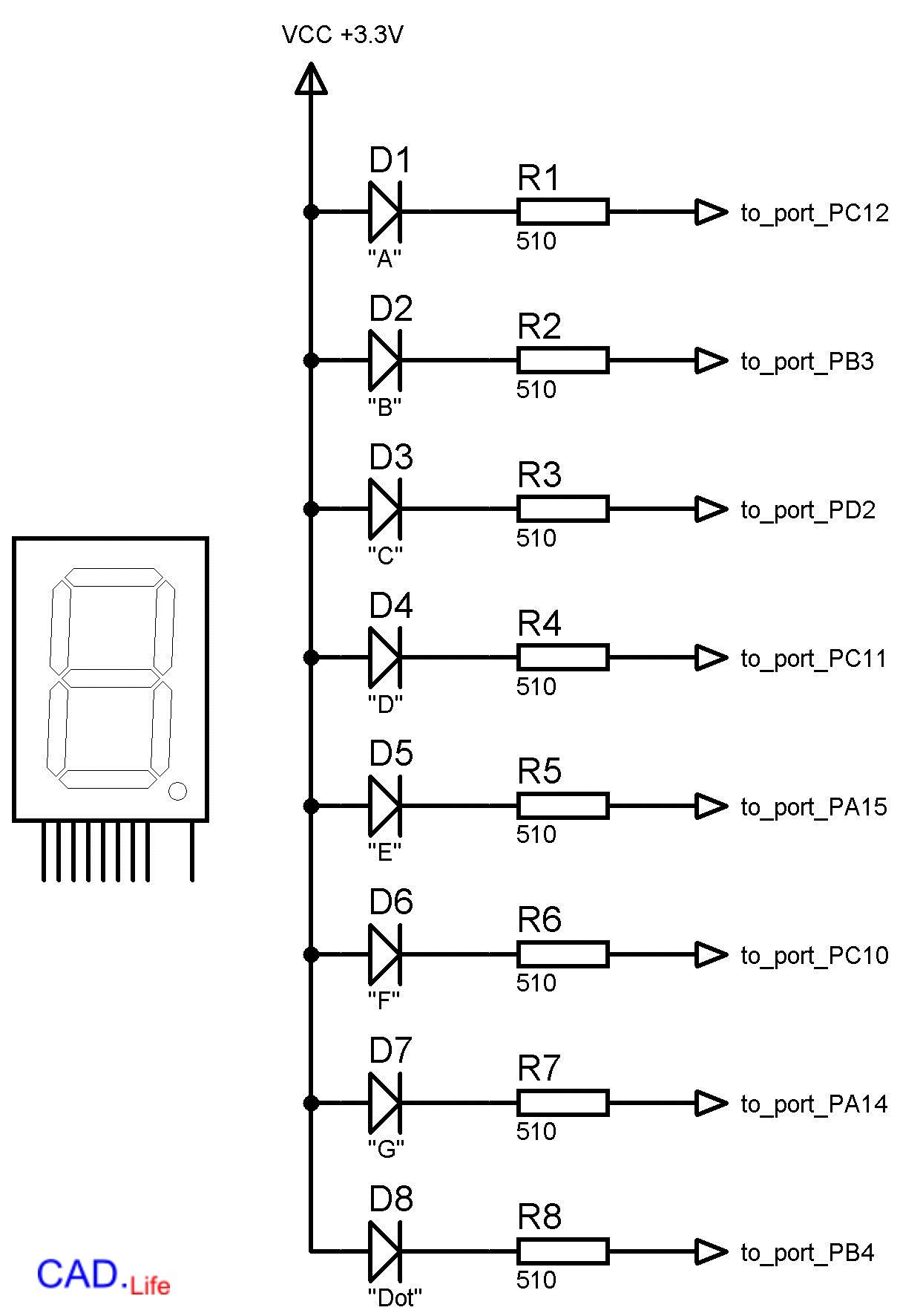 Рис.3. Схема подключения семисегментного индикатора к микроконтроллеру STM32